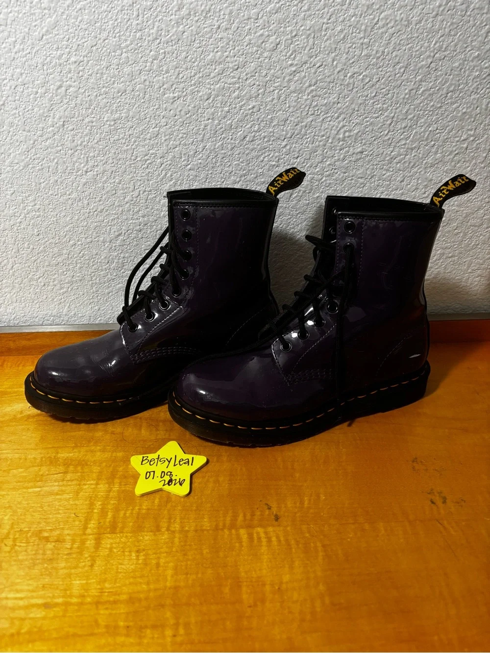 Dr. Martens Glossy Purple Patent Lace-Up Boots with Yellow Heel Loop - Picture 2 of 5